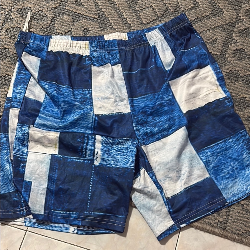 Blue Patchwork Men's Swim Shorts